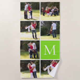 Photo collage with 7 photos, monogram green beach towel