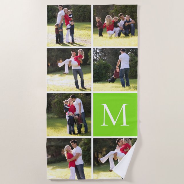 Photo collage with 7 photos, monogram green beach towel (Front)