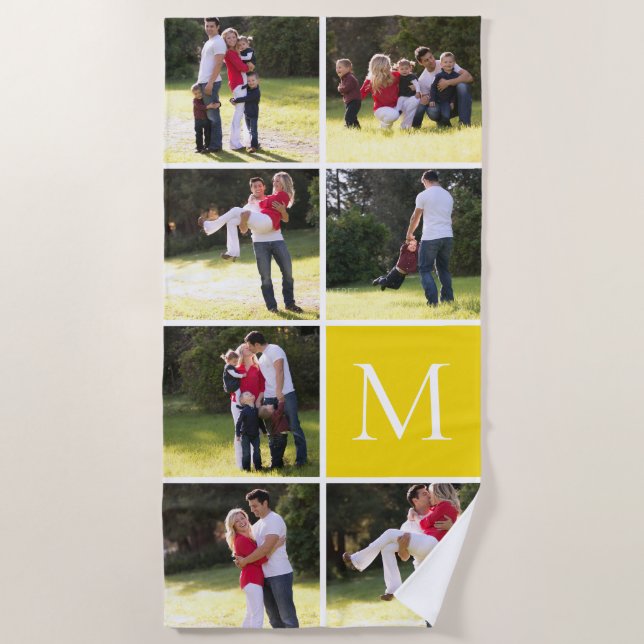 Photo collage with 7 photos, monogram yellow beach towel (Front)