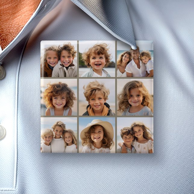 Photo Collage with 9 square photos - Taupe 15 Cm Square Badge (Custom Photo Button)