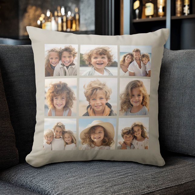 Photo Collage with 9 square photos - Taupe Cushion (Custom Photo Collage Pillow)