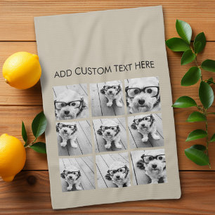 Photo Collage with 9 square photos - Taupe Tea Towel