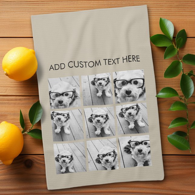 Photo Collage with 9 square photos - Taupe Tea Towel (Custom kitchen towel)