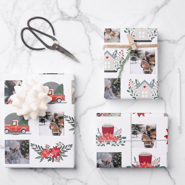 Photo Collage with Christmas poinsettia and decor Wrapping Paper Sheet (Front)