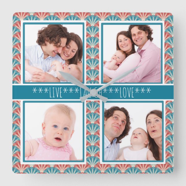 Photo Collage with Decorative Fan Pattern Square Wall Clock (Front)