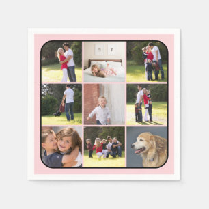 Photo collage with nine photos, blush pink border napkin