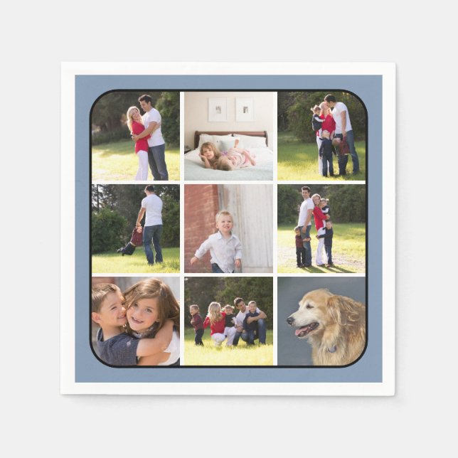 Photo collage with nine photos, dusty blue border napkin (Front)