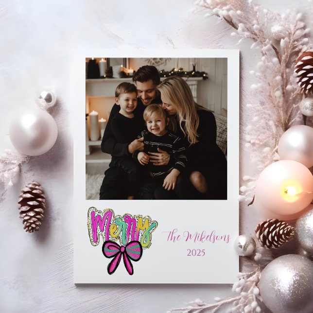 Photo Colorful Merry Bow Christmas Holiday Card (Creator Uploaded)