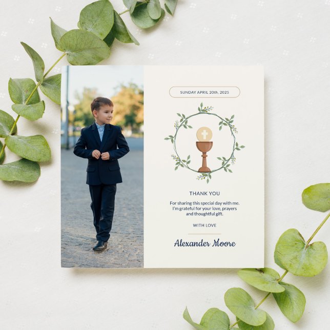 Photo Communion Thank You Card – Floral Wreath (First Communion reminder with photo and floral wreath)