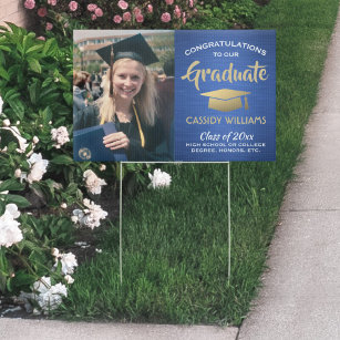 Photo Congrats Blue Gold and White Graduation Yard Garden Sign