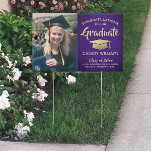 Photo Congrats Purple and Gold Graduation Yard Garden Sign