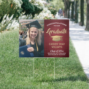 Photo Congratulations Burgundy Red Gold Graduation Garden Sign