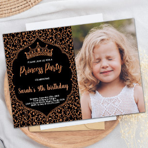 Photo Copper Glitter Princess Birthday Invitations