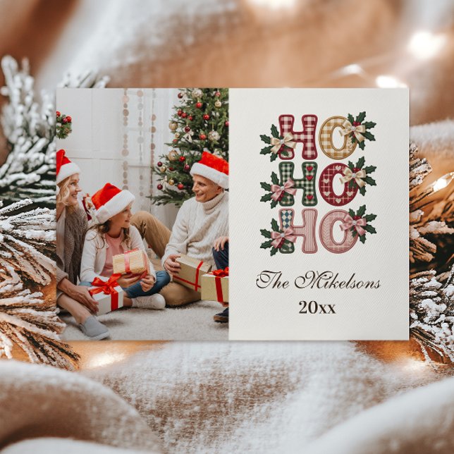 Photo Coquette Gingham Ho Ho Ho Christmas Holiday Card (Creator Uploaded)