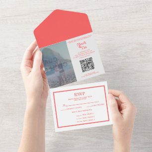 Photo Coral Wedding Invitation QR Code