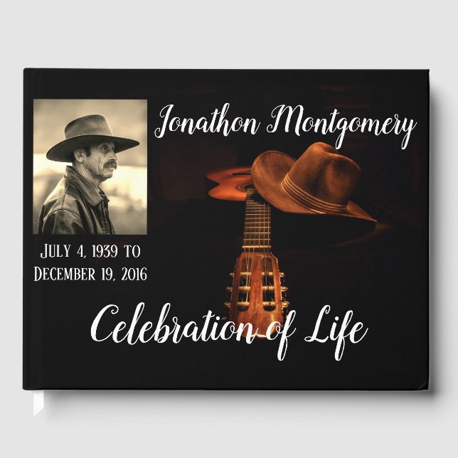 Photo, Cowboy Hat and Guitar Celebration of Life Guest Book (Front)