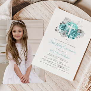 Photo Cross Aqua Silver Floral First Communion Invitation
