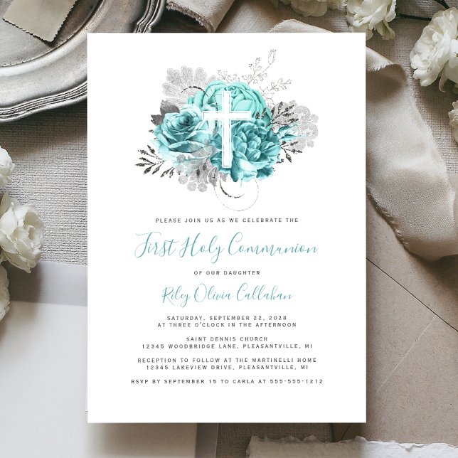 Photo Cross Aqua Silver Floral First Communion Invitation (Creator Uploaded)