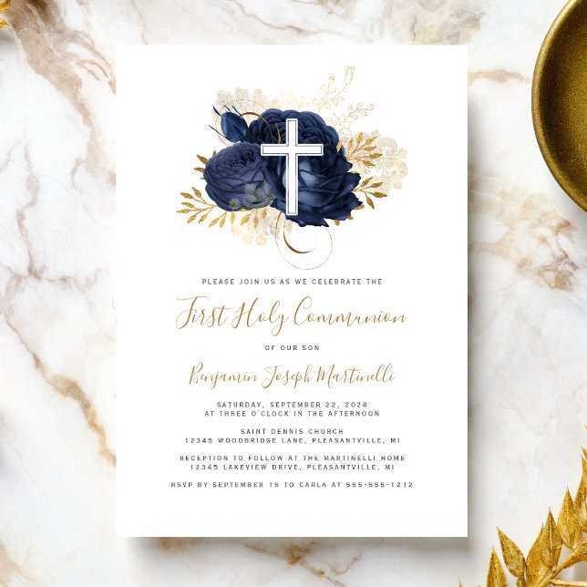 Photo Cross Navy Blue Gold Floral First Communion Invitation (Creator Uploaded)