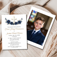 Photo Cross Navy Blue Gold Floral First Communion