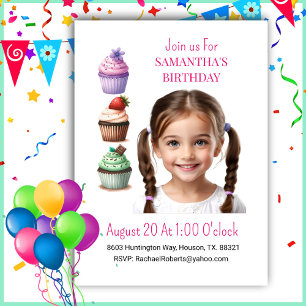 Photo Cupcake Pink Girl Birthday Invitation