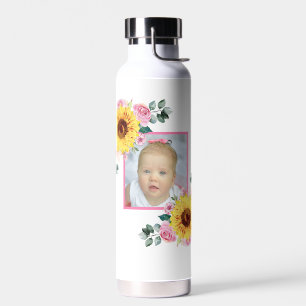 Photo Customised Sunflower Pink Botanical Water Bottle