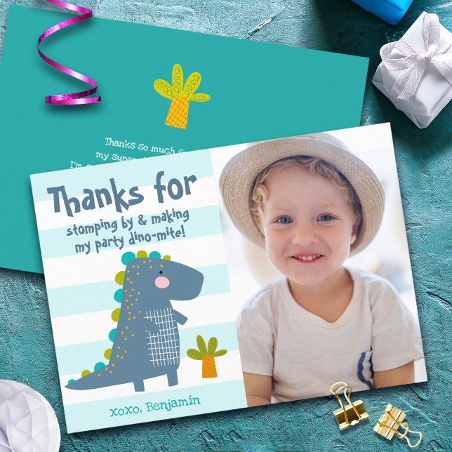 Photo Cute Blue Dinosaur Kawaii Fun Boy Birthday Thank You Card (Creator Uploaded)