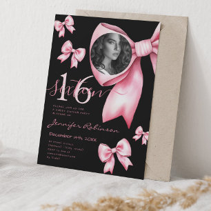 PHOTO Cute Coquette Blush Pink Bow Sweet 16 Black Invitation