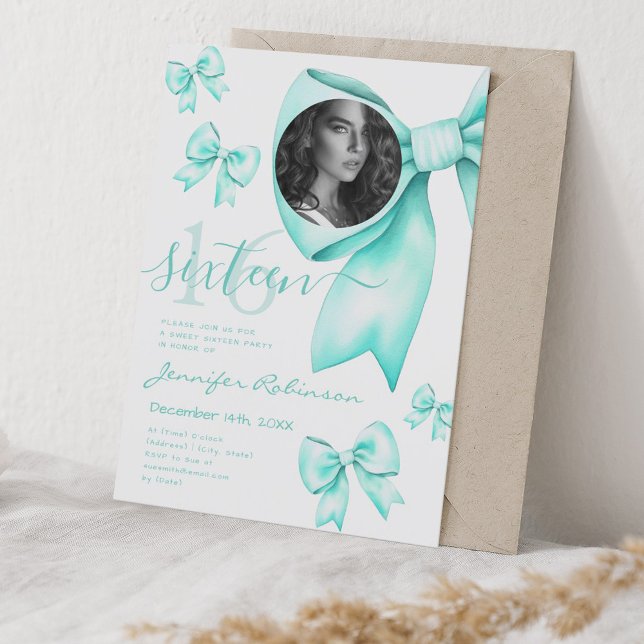 PHOTO Cute Coquette Turquoise Bow Sweet 16  Invitation (PHOTO Cute Coquette Turquoise Bow Sweet 16 Invitation)