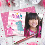 Photo Cute Dinosaur Stomp Chomp Roar Girl Birthday Invitation<br><div class="desc">“Stomp, chomp and roar”. Here’s a great way to celebrate your child’s birthday with friends and family. Send out this cute, fun, simple, festive, modern, personalised photo birthday party invitation. A fun, whimsical, playful visual of a cute, bold, kawaii, pink brontosaurus, turquoise blue t-rex, and fun, handwritten typography over a...</div>