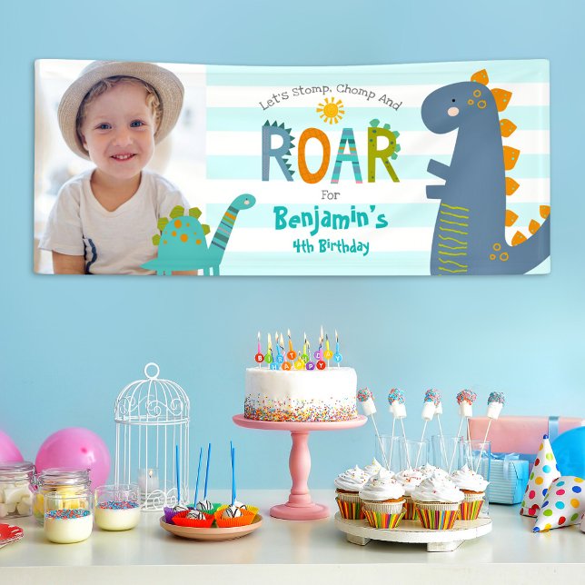 Photo Cute Dinosaurs Stomp Chomp Roar Boy Birthday Banner (Creator Uploaded)