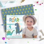 Photo Cute Dinosaurs Stomp Chomp Roar Boy Birthday Invitation<br><div class="desc">“Stomp, chomp and roar”. Here’s a great way to celebrate your child’s birthday with friends and family. Send out this cute, fun, simple, festive, modern, personalised photo birthday party invitation. A fun, whimsical, playful visual of a cute, bold, kawaii, turquoise blue brontosaurus, navy teal blue t-rex, and fun, handwritten typography...</div>