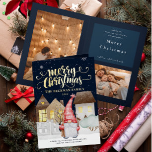 Photo Cute Gnomes Winter Snow Merry Christmas  Foil Holiday Card