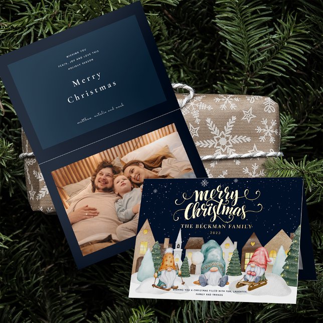 Photo Cute Gnomes Winter Snow Merry Christmas Foil Holiday Card (Photo Cute Gnomes Winter Snow Merry Christmas Foil Holiday Card)