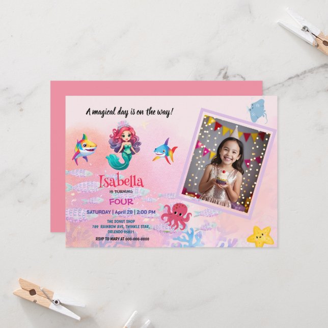 Photo cute mermaid magical birthday invitation (Front/Back In Situ)