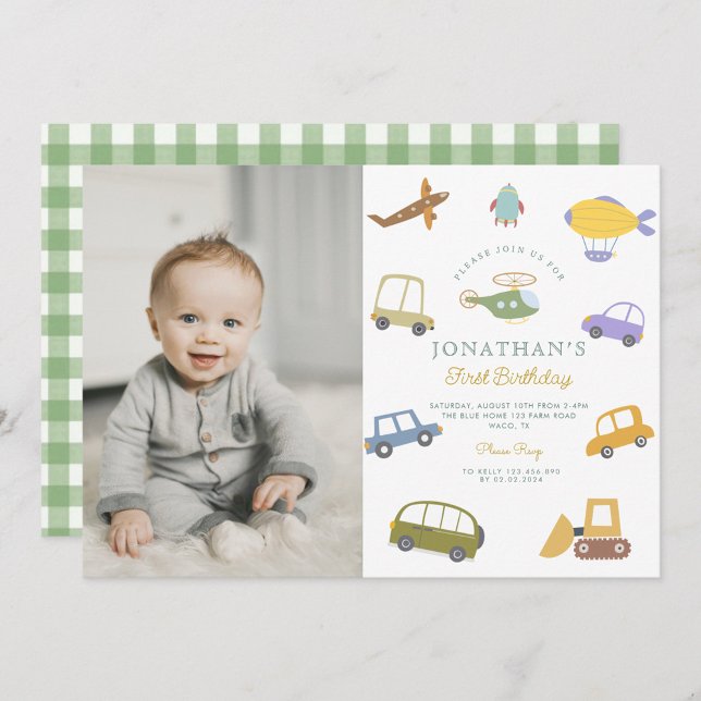 Photo Cute Pastel Car Truck Plane Rocket Birthday Invitation (Creator Uploaded)