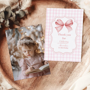 Photo Cute Pink Bow Coquette 1st Birthday Thank You Card
