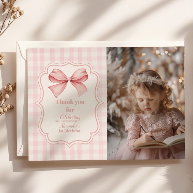 Photo Cute Pink Bow Coquette 1st Birthday Thank You Card (Creator Uploaded)