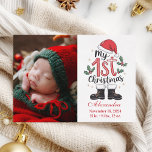 Photo Cute Santa Baby 1st Christmas Holiday Card<br><div class="desc">Celebrate your newborn’s first Christmas with this sweet and festive photo card featuring playful holiday elements like Santa’s boots, holly, and a red hat. Designed for proud new parents, this adorable layout pairs your baby's photo with their birth details and name, creating a keepsake that will melt hearts for years...</div>