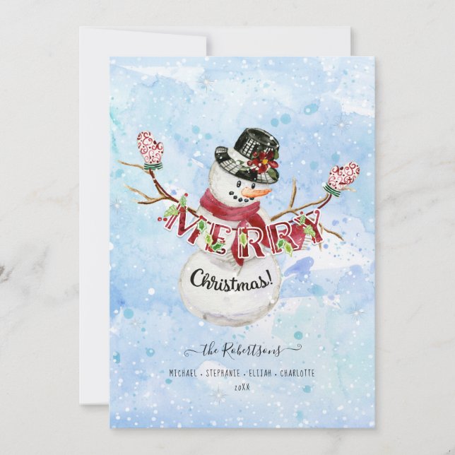 Photo Cute Snowman Watercolor Merry Christmas  Holiday Card (Front)