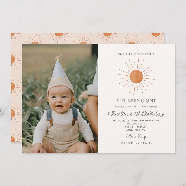 Photo Cute  Yellow Sun Retro Minimal 1st Birthday Invitation (Creator Uploaded)