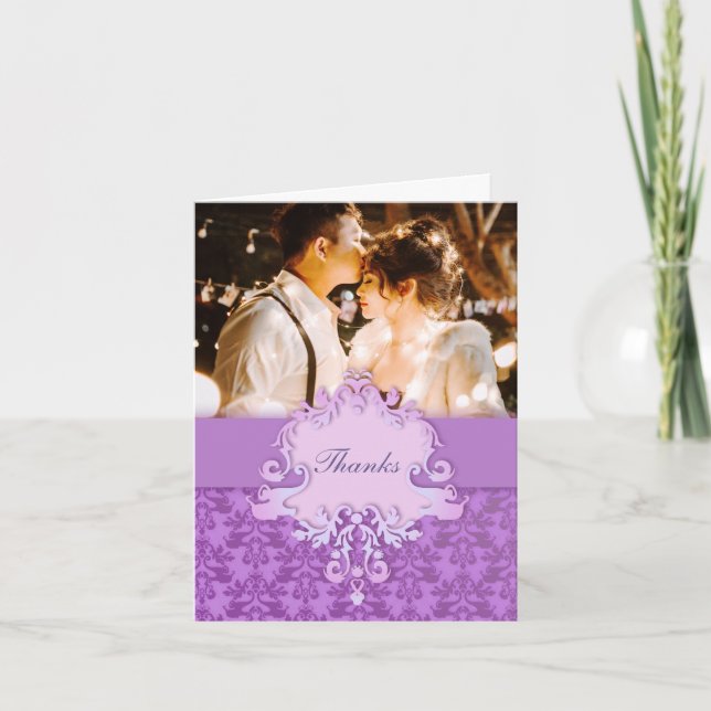 Photo damask elephant wedding lillac "Thanks" card (Front)