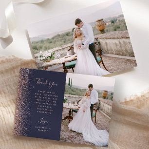 Photo Dark Blue Rose Gold Glitter Script Wedding Thank You Card