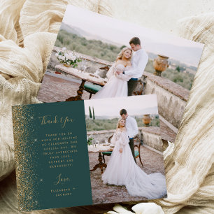 Photo Dark Green Gold Glitter Script Wedding Thank You Card