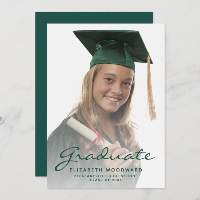Photo Dark Green Script Graduation Announcement (Front/Back)
