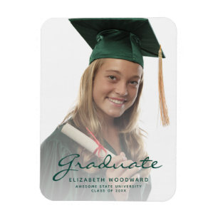 Photo Dark Green Script Graduation Announcement Magnet