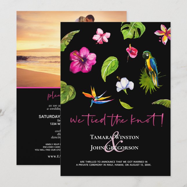 Photo Dark Tropical Tied Knot Just Married Invitation (Front/Back)