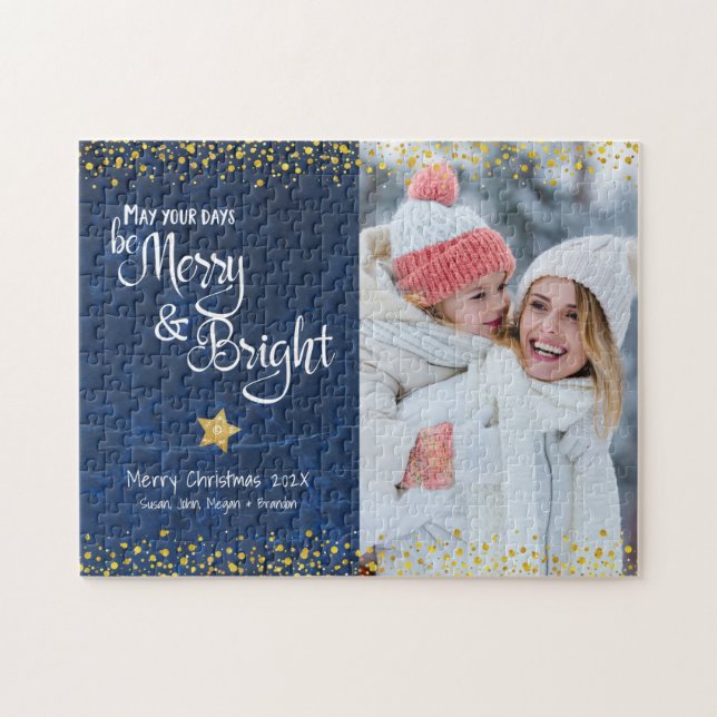 Photo Days Merry Bright Script Gold Blue Holiday Jigsaw Puzzle (Horizontal)