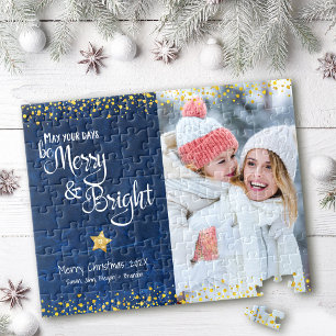 Photo Days Merry Bright Script Gold Blue Holiday Jigsaw Puzzle