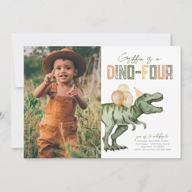 Photo Dino-Four Birthday Invitation  (Front)